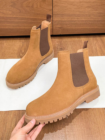 オレンジ メンズ チェルシーブーツ エクリュ ホワイト 牛革 ラウンドトゥ アンクル ショートブーツ