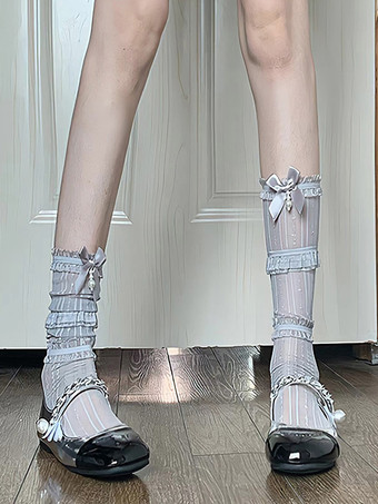 Medias de lolita dulces con lazos grises y volantes accesorios de lolita de poliéster