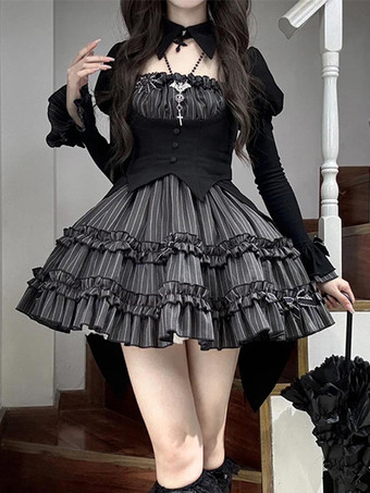 Nero Abiti Gothic Lolita Fiocchi Balze Strisce Nero Nero