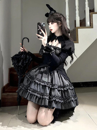 Abiti Gothic Lolita Fiocchi Balze Strisce Nero Nero