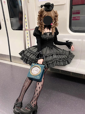 Abiti Gothic Lolita Fiocchi Balze Strisce Nero Nero