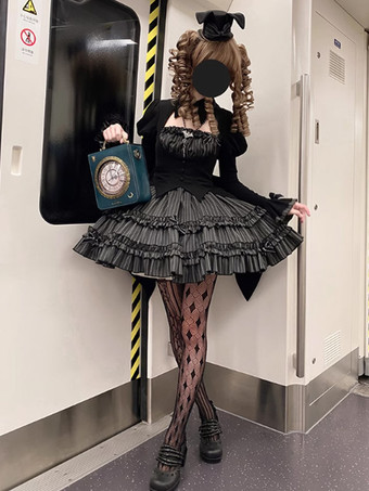 Abiti Gothic Lolita Fiocchi Balze Strisce Nero Nero