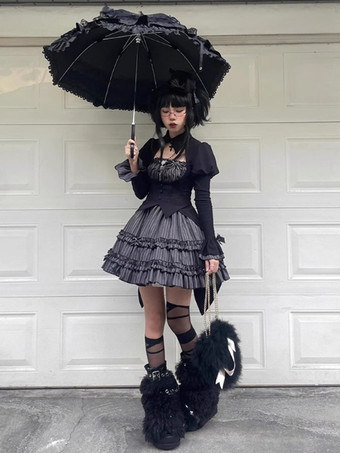 Abiti Gothic Lolita Fiocchi Balze Strisce Nero Nero