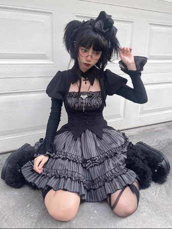 Abiti Gothic Lolita Fiocchi Balze Strisce Nero Nero