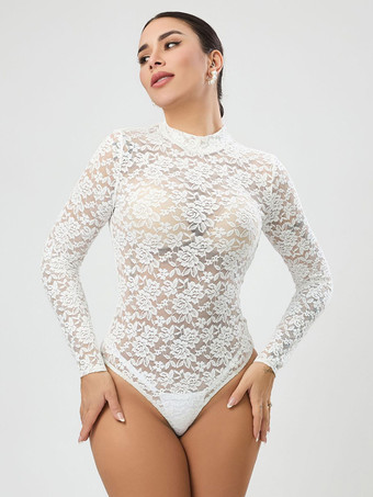 blanco Body de manga larga con cuello redondo y encaje blanco top sexy de encaje para mujer