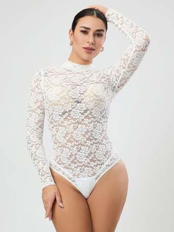 Body de manga larga con cuello redondo y encaje blanco top sexy de encaje para mujer
