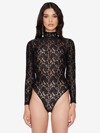 negro Body de manga larga con cuello redondo y encaje blanco top sexy de encaje para mujer