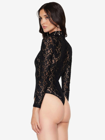 Body de manga larga con cuello redondo y encaje blanco top sexy de encaje para mujer