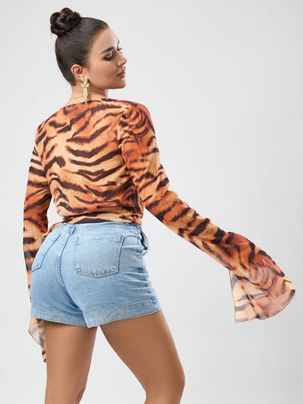 レディースシャツ ヒョウ柄チュール カウルネック セクシー ヒョウ柄 長袖 トップス