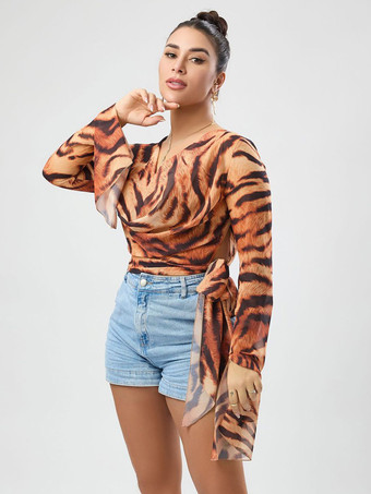 レディースシャツ ヒョウ柄チュール カウルネック セクシー ヒョウ柄 長袖 トップス