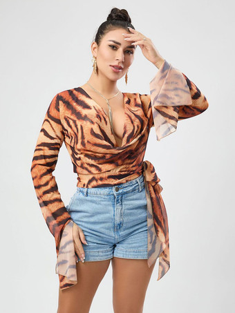 レディースシャツ ヒョウ柄チュール カウルネック セクシー ヒョウ柄 長袖 トップス