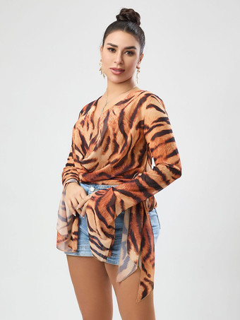 レディースシャツ ヒョウ柄チュール カウルネック セクシー ヒョウ柄 長袖 トップス