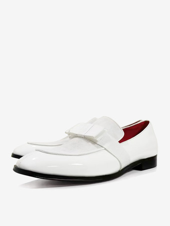 ホワイト メンズ ベルギーローファー リボン ラウンドトゥ レザー プロム ウェディングシューズ