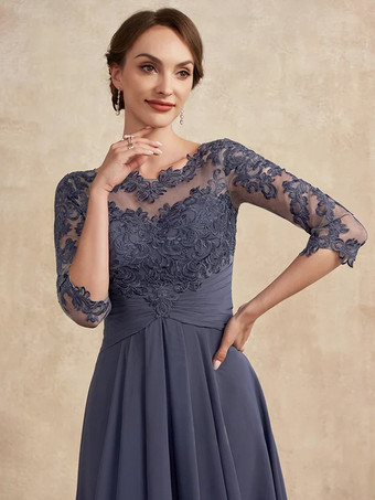 花嫁の母親のためのパーティードレス ジュエルネック 3/4 丈スリーブ A ライン レース ゲストドレス 結婚式用