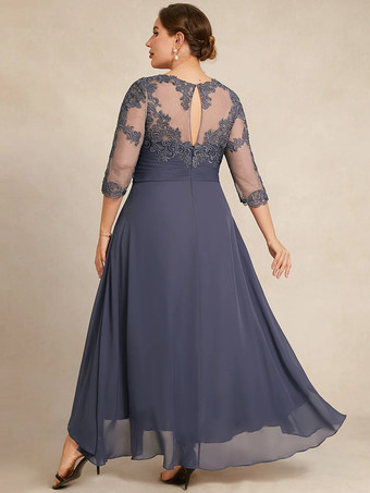 花嫁の母親のためのパーティードレス ジュエルネック 3/4 丈スリーブ A ライン レース ゲストドレス 結婚式用