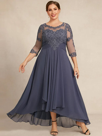 花嫁の母親のためのパーティードレス ジュエルネック 3/4 丈スリーブ A ライン レース ゲストドレス 結婚式用