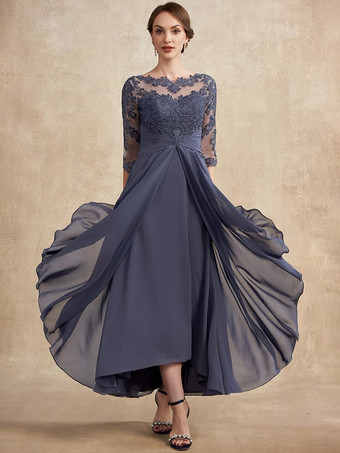 花嫁の母親のためのパーティードレス ジュエルネック 3/4 丈スリーブ A ライン レース ゲストドレス 結婚式用