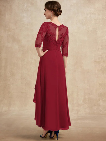 花嫁の母親のためのパーティードレス ジュエルネック 3/4 丈スリーブ A ライン レース ゲストドレス 結婚式用