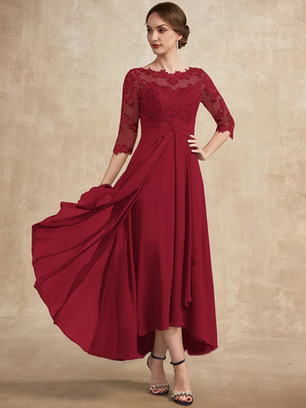 レッド 花嫁の母親のためのパーティードレス ジュエルネック 3/4 丈スリーブ A ライン レース ゲストドレス 結婚式用