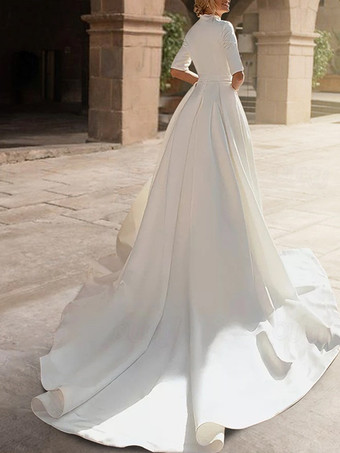 ヴィンテージウェディングドレス Vネック ハーフスリーブ チュール トレーン付き レース ブライダルドレス