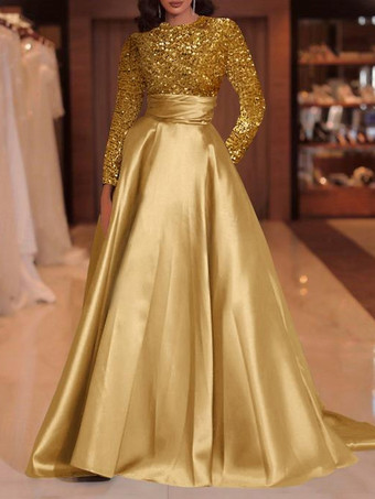 シャンパンイブニングドレス ボールガウン ジュエルネック トレーン付き 長袖 ジッパー スパンコール ベロア 社交ページェントドレス