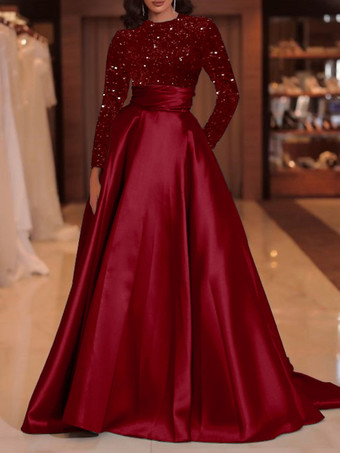 エンバーレッドイブニングドレス ボールガウン ジュエルネック トレーン付き 長袖 ジッパー スパンコール ベロア 社交ページェントドレス