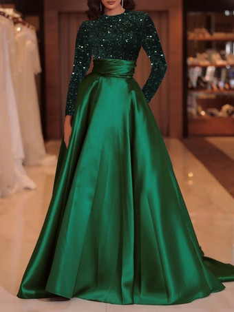 グリーン イブニングドレス ボールガウン ジュエルネック トレーン付き 長袖 ジッパー スパンコール ベロア 社交ページェントドレス