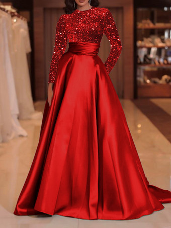レッド イブニングドレス ボールガウン ジュエルネック トレーン付き 長袖 ジッパー スパンコール ベロア 社交ページェントドレス