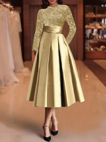シャンパンイブニングドレス ボールガウン ジュエルネック サテン生地 ティーレングス スパンコール フォーマルパーティードレス