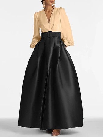 シャンパンイブニングドレス プリンセスシルエット Vネック フロアレングス ロングスリーブ ジッパーサッシュ サテン生地 フォーマルパーティードレス