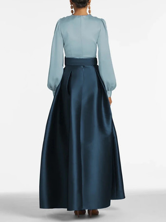 イブニングドレス プリンセスシルエット Vネック フロアレングス ロングスリーブ ジッパーサッシュ サテン生地 フォーマルパーティードレス