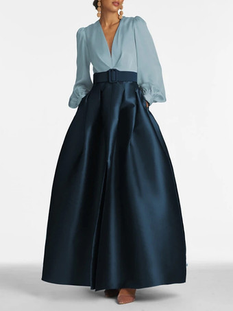 ダークネイビーイブニングドレス プリンセスシルエット Vネック フロアレングス ロングスリーブ ジッパーサッシュ サテン生地 フォーマルパーティードレス