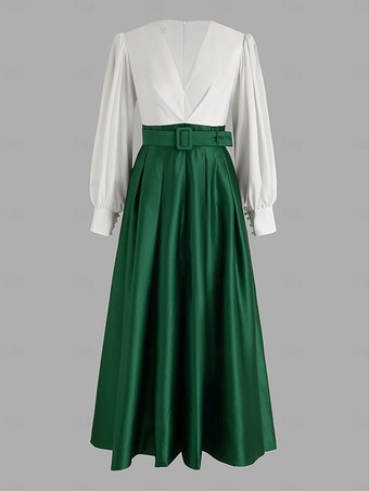 グリーン イブニングドレス プリンセスシルエット Vネック フロアレングス ロングスリーブ ジッパーサッシュ サテン生地 フォーマルパーティードレス