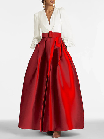 レッド イブニングドレス プリンセスシルエット Vネック フロアレングス ロングスリーブ ジッパーサッシュ サテン生地 フォーマルパーティードレス