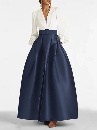 インクブルーイブニングドレス プリンセスシルエット Vネック フロアレングス ロングスリーブ ジッパーサッシュ サテン生地 フォーマルパーティードレス