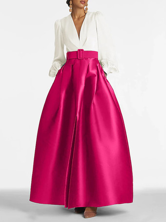 ローズレッドイブニングドレス プリンセスシルエット Vネック フロアレングス ロングスリーブ ジッパーサッシュ サテン生地 フォーマルパーティードレス