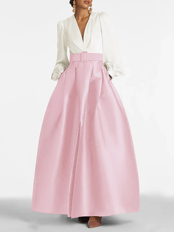 ソフトピンクイブニングドレス プリンセスシルエット Vネック フロアレングス ロングスリーブ ジッパーサッシュ サテン生地 フォーマルパーティードレス