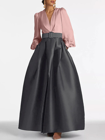 ダークグレー イブニングドレス プリンセスシルエット Vネック フロアレングス ロングスリーブ ジッパーサッシュ サテン生地 フォーマルパーティードレス