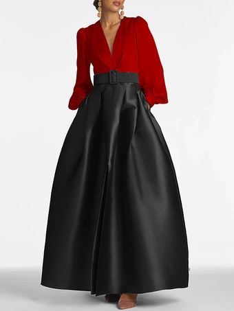 ブラックイブニングドレス プリンセスシルエット Vネック フロアレングス ロングスリーブ ジッパーサッシュ サテン生地 フォーマルパーティードレス