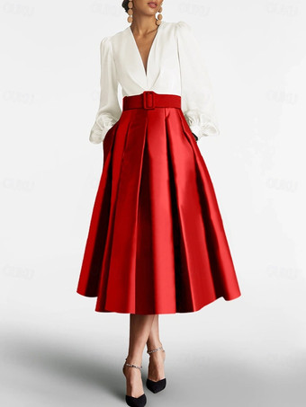 レッド プロムドレス ボールガウン Vネック サテン生地 長袖 サッシュ ページェントドレス