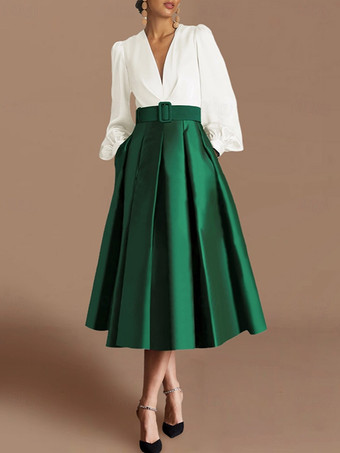 グリーン プロムドレス ボールガウン Vネック サテン生地 長袖 サッシュ ページェントドレス