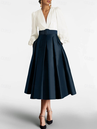 ダークネイビープロムドレス ボールガウン Vネック サテン生地 長袖 サッシュ ページェントドレス