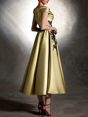 プロムドレス サテン生地 デザインネックライン ボールガウン 半袖 アップリケ パーティードレス