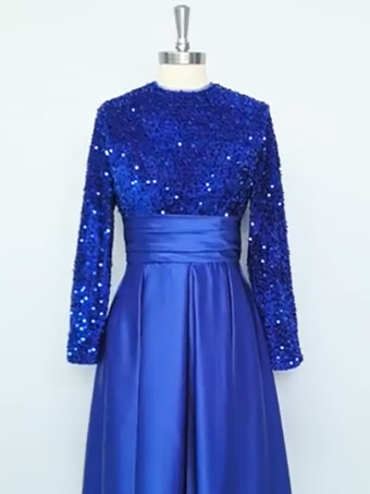 イブニングドレス ボールガウン ジュエルネック サテン生地 ティーレングス スパンコール フォーマルパーティードレス