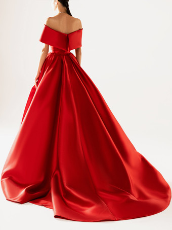 イブニングドレス ボールガウン ネックライン トレーン付き ハーフスリーブ ジッパー プリーツ サテン生地 フォーマルパーティードレス