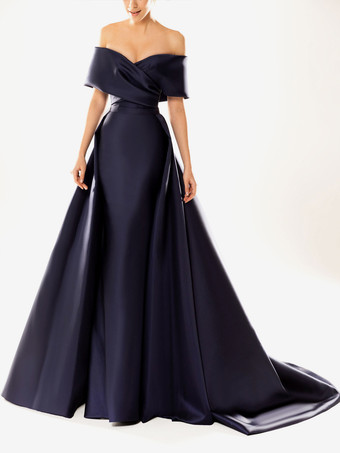 イブニングドレス ボールガウン ネックライン トレーン付き ハーフスリーブ ジッパー プリーツ サテン生地 フォーマルパーティードレス