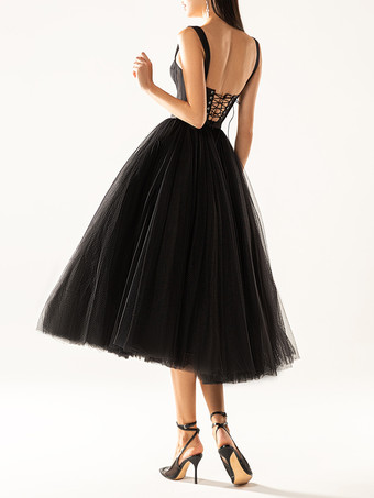 ブラック可愛らしいホームカミングドレス、ティーレングスのボールガウン、ストラップレス、ティアード