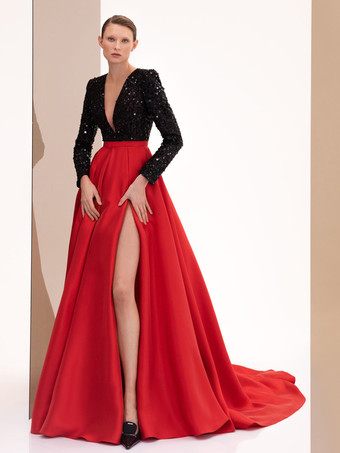 レッド イブニングドレス ボールガウン Vネック トレーン付き 長袖 ジッパー スリットフロント サテン生地 フォーマルパーティードレス