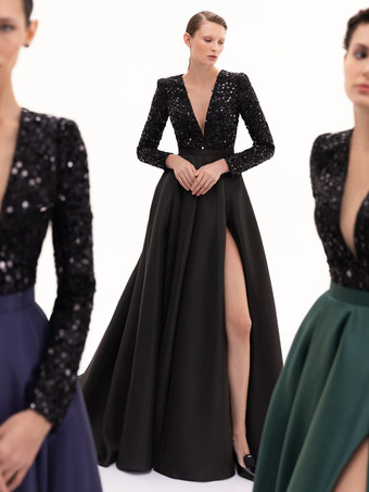 グリーン イブニングドレス ボールガウン Vネック トレーン付き 長袖 ジッパー スリットフロント サテン生地 フォーマルパーティードレス