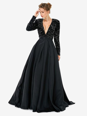 ブラックイブニングドレス ボールガウン Vネック トレーン付き 長袖 ジッパー スリットフロント サテン生地 フォーマルパーティードレス